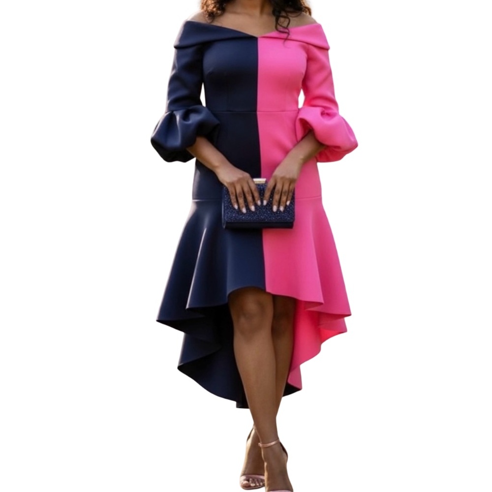 #A082   For Her NYC  Dopamine  Colorblock  Hi-Lo Dress  Puff Sleeves NWT XL